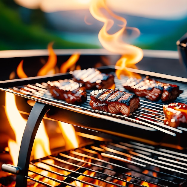 a perfect BBQ on a grill 4k hdr fire in the background miki asai macro photography close up