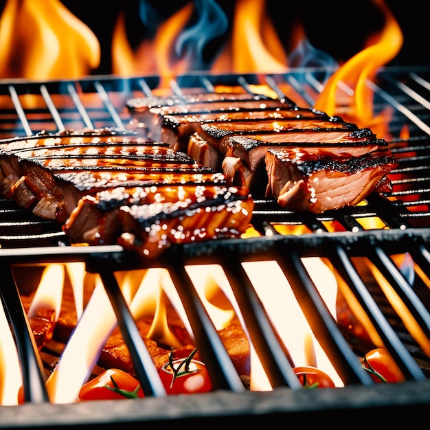 a perfect BBQ on a grill 4k hdr fire in the background miki asai macro photography close up