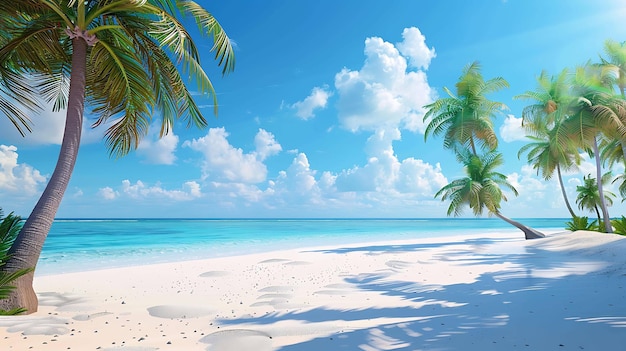 완벽한 해변 풍경  모래, 투명한 물,  나무, 밝은 파란 하늘