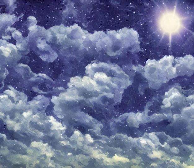 Perfect beautiful 3d illustrataion of sky with fluffy clouds in Van Gogh style