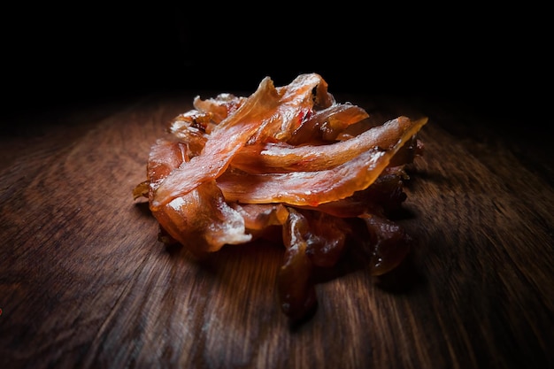 Perfect Beer Snack Dried Chicken Fillet on wooden board