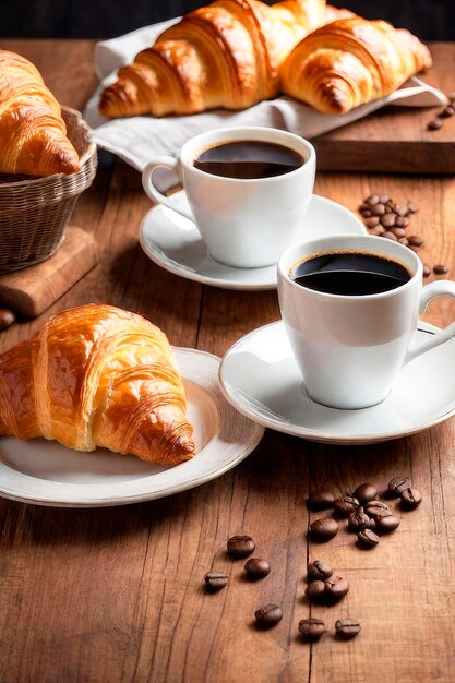 Perfect breacfast in the morning Rustic style A cup of coffee and tasty croissants