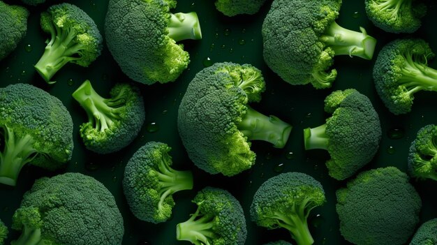 Perfect broccoli on black surface with waterdrops top view