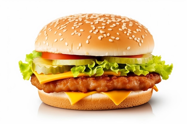 Perfect chicken burger isolated on white background postprocessed generative ai