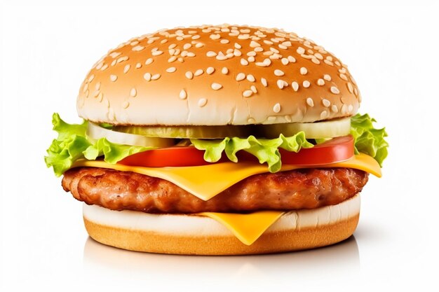 Perfect chicken burger isolated on white background postprocessed generative ai