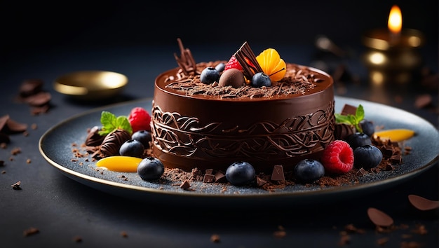 perfect chocolate dessert beautifully decorated with intricate