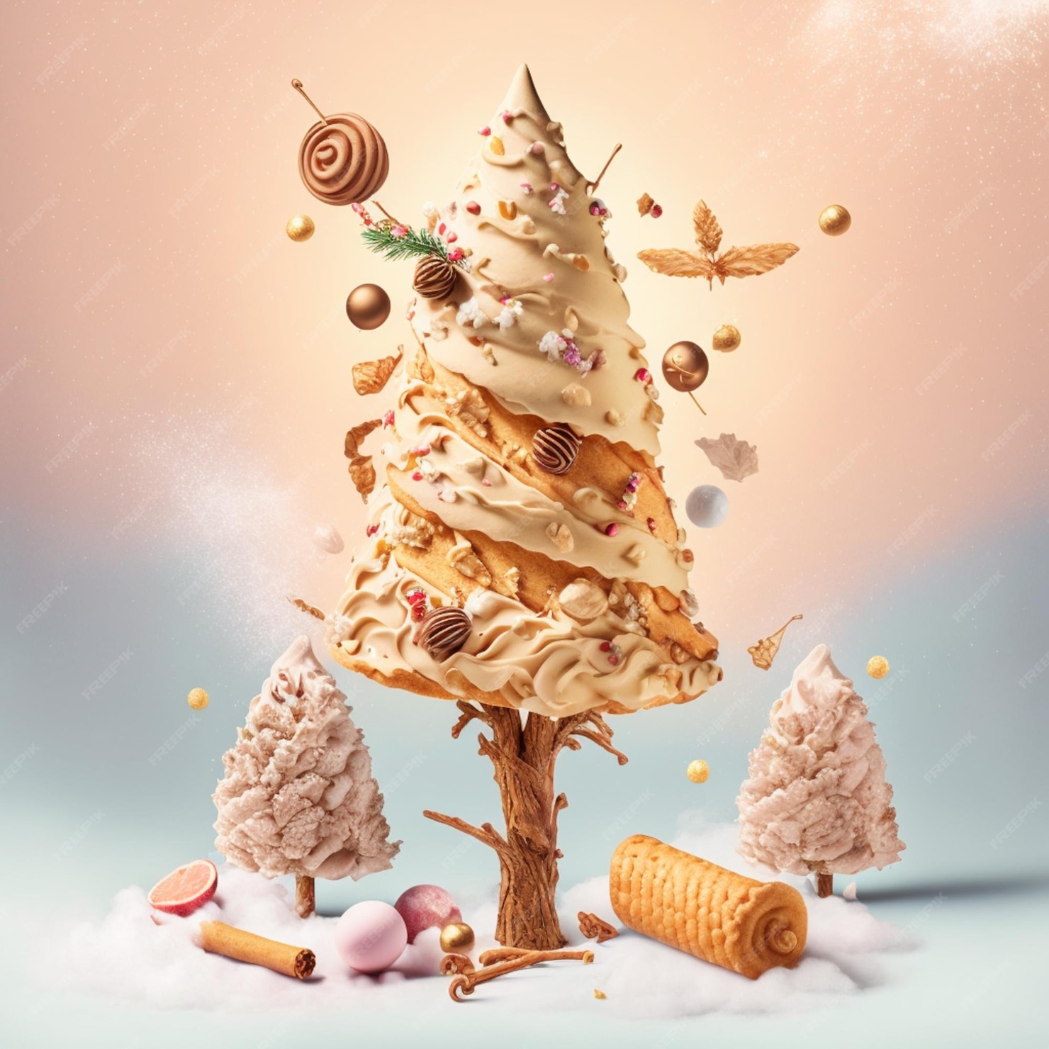 Premium Photo Perfect christmas tree made from vanila ice cream and cookies splashes colored
