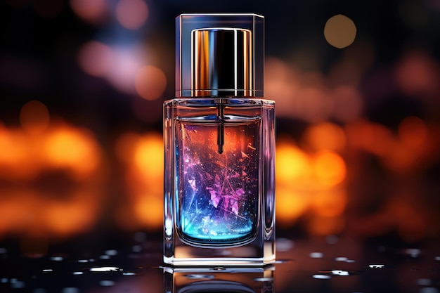 perfect Cosmetic shiny holographic colors bottle on the dark natural background ai generated