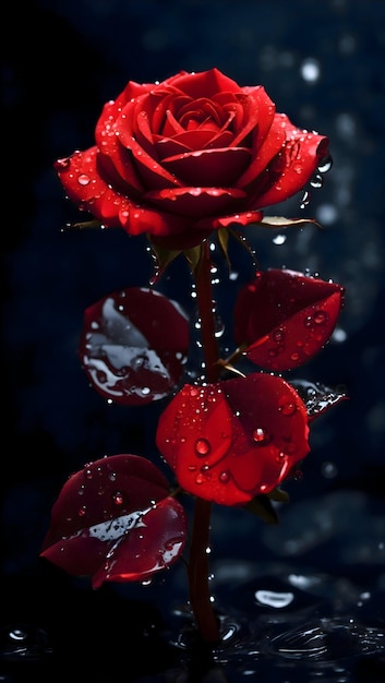 A perfect Dark red rose with Water Theam ai Generated