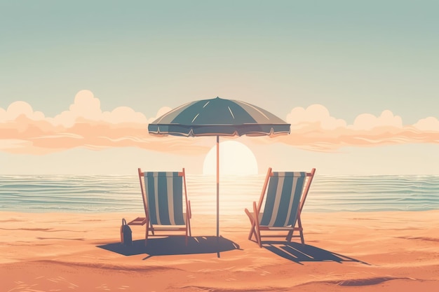 A perfect day on the beach with comfortable lounge chairs and an umbrella set against a backdrop of clear blue sky and tranquil sea AI Generative