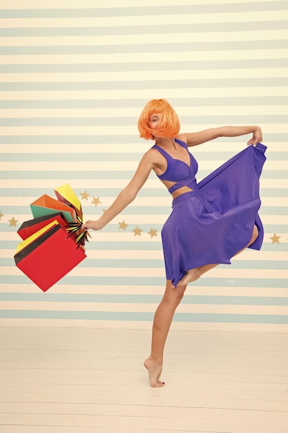 Perfect day Happy shopping online Happy holidays Crazy girl with shopping bags happy woman go shopping Last preparations big sale in shopping mall Fashion Black Friday sales