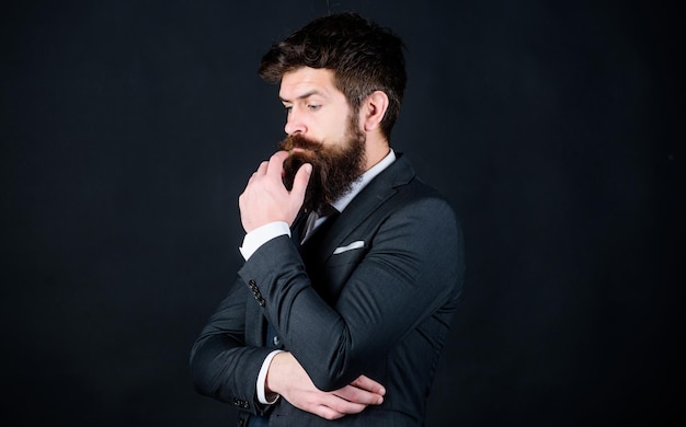 Perfect elegant tuxedo outfit Elegancy and male style Fashion concept Guy wear formal outfit Businessman fashionable outfit black background Impeccable style Man bearded guy wear suit outfit