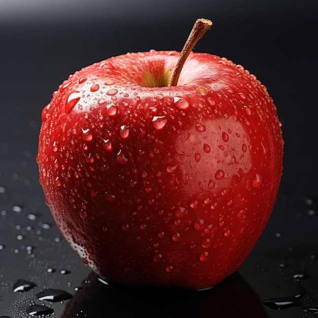 Perfect fresh red Apple on dark black background with water drops Full depthoffield