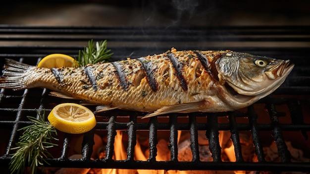 Perfect gegrilde hele branzino-vis Generatieve AI