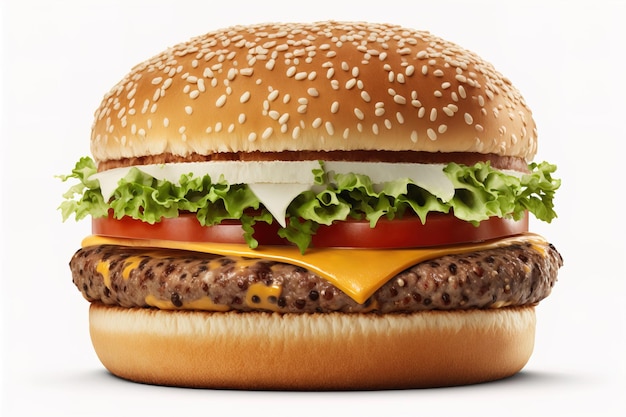 흰색 반사에 격리된 완벽한 햄버거 클래식 버거 아메리칸 치즈버거