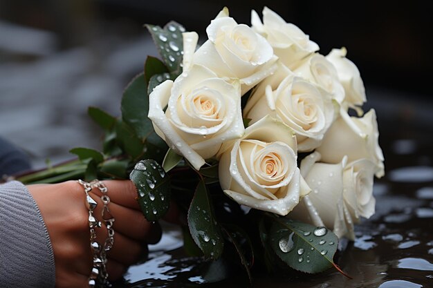 Perfect hands touch Woman with white roses at funeral