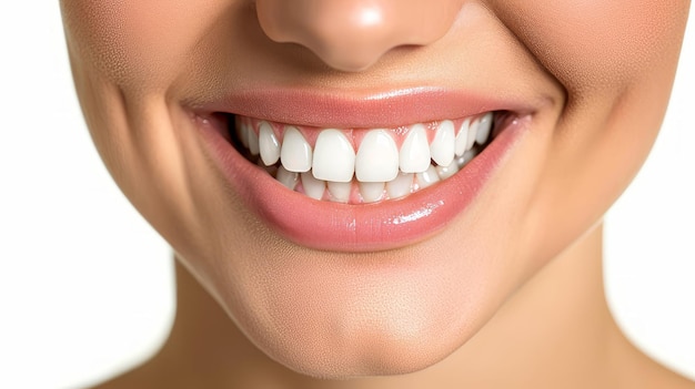 Perfect healthy teeth smile of a woman isolated on a white background