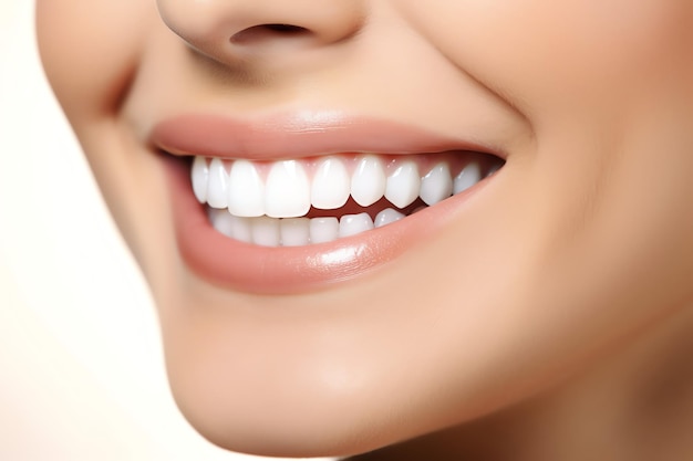 Perfect healthy teeth smile of a young woman at a dentist teeth whitening dental care stomatology