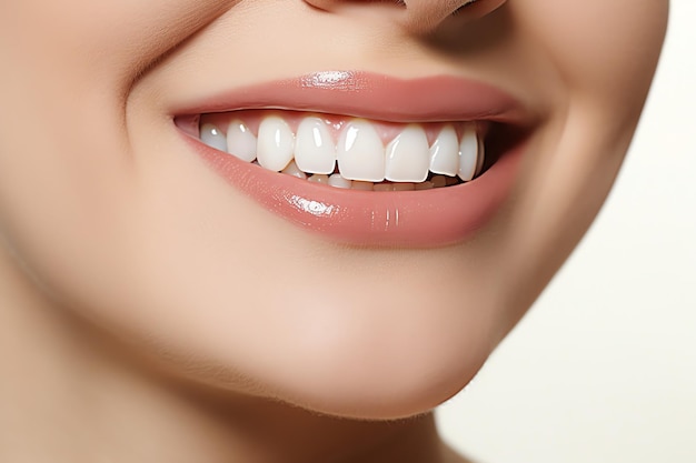 Photo perfect healthy teeth smile of a young woman at a dentist teeth whitening dental care stomatology