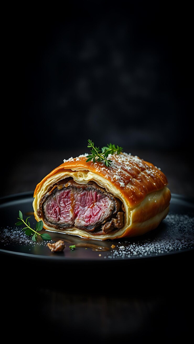 Perfect homemade juicy Beef Wellington tenderloin dish English cuisine festive dish