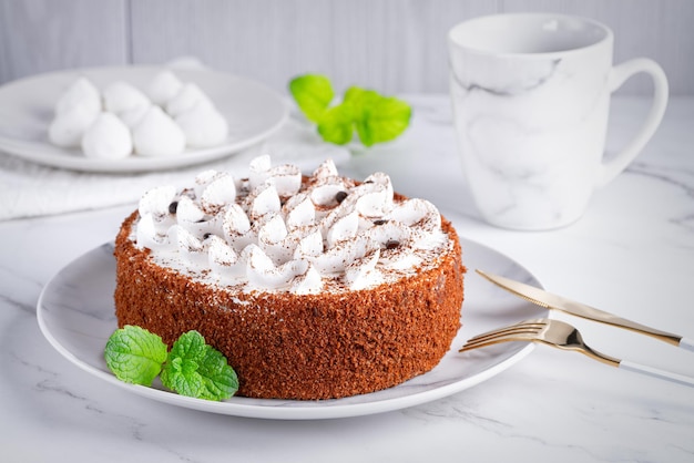 Perfect homemade tiramisu cake sprinkled with cocoa powder on plate over white marble tabletop