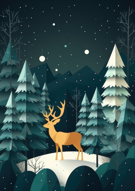 Perfect illustration of christmas greeting card with deer in winter nature generative ai