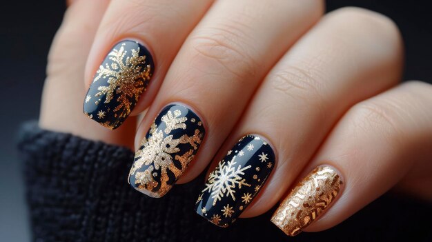 perfect manicure close up with dark blue and gold Christmas nail print nail salon ad