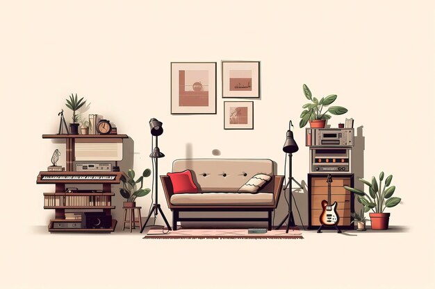 Perfect Music Studio setup illustration vintage look Hobbies amp Leisure illustration Generative AI