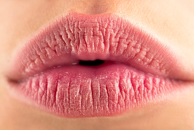 Perfect natural lip makeup. Close up macro photo with beautiful female mouth. Beautiful spa tender lip, sexy lips. Lipstick and lipgloss, passionate lips. Macro of woman's face part.