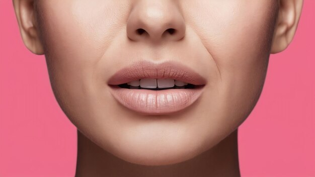 Perfect natural lip makeup close up macro photo with beautiful female mouth plump full lips