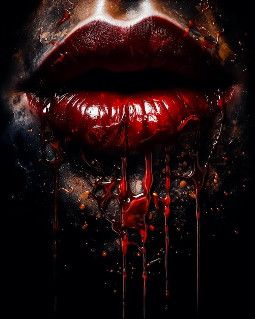 perfect red lips with molten liquids in black background