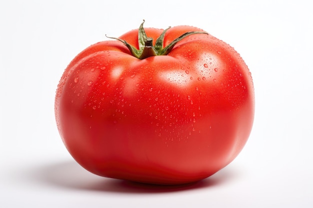 Perfect ripe fresh tomato with water drops isolated on white background