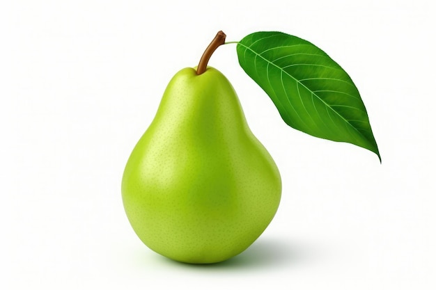 Perfect ripe green pear fruit with leaf isolated on white background