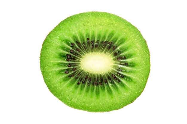 Perfect round slice of fresh kiwi fruit isolated on white background without shadows high details