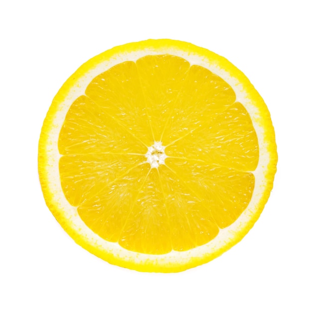 Perfect round slice of fresh lemon fruit isolated on white background without shadows high details
