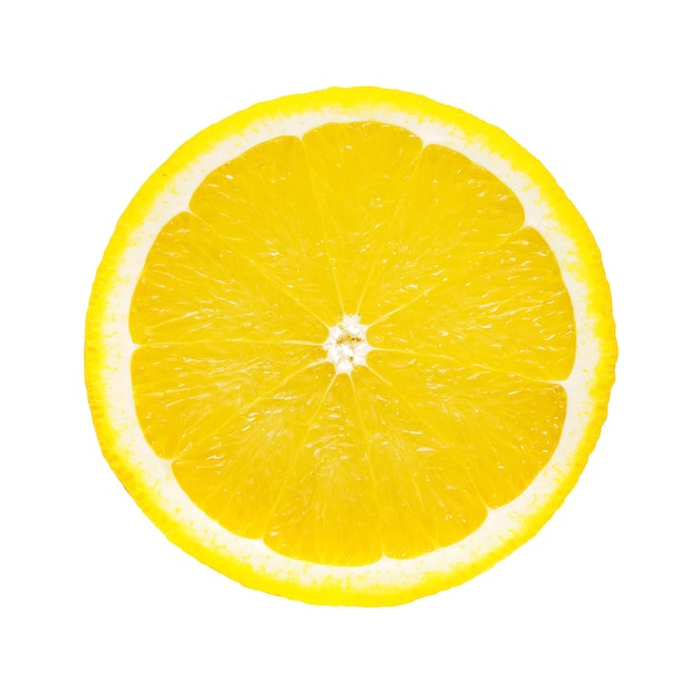 Perfect round slice of fresh lemon fruit isolated on white background without shadows PNG file with transparent background