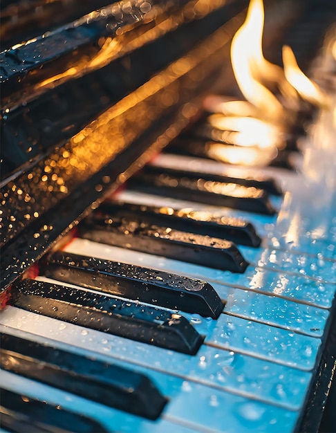 Perfect shot from a piano in the rain with fire on top of it