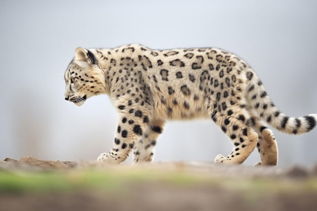 Perfect side view of snow leopard stalking