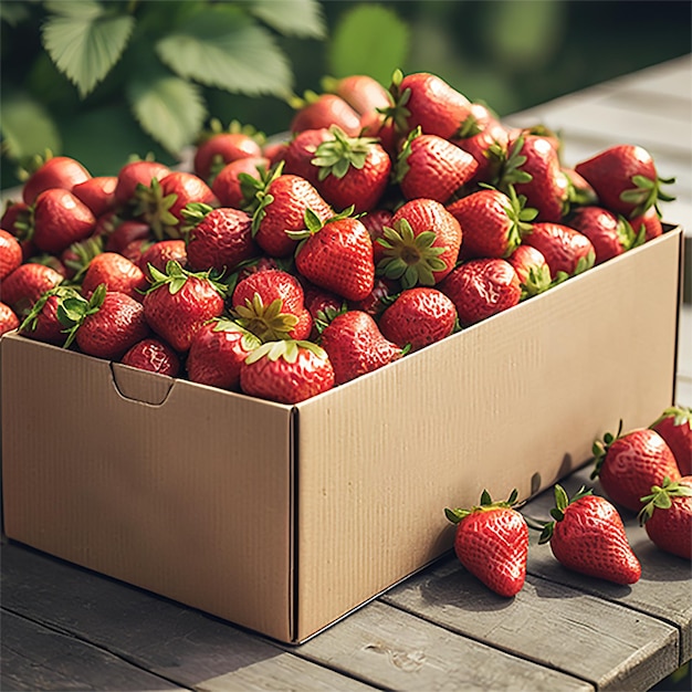 Perfect strawberries in a box on top of a wood table