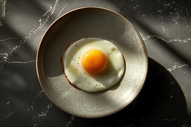 A perfect sunnysideup fried egg on a rustic speckled plate bathed in warm sunlight with shadows AI G