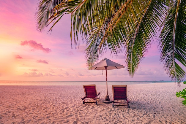 Perfect tropisch zonsonderganglandschap, twee ligbedden, ligstoelen, parasol onder palmboom. Wit zand, zee