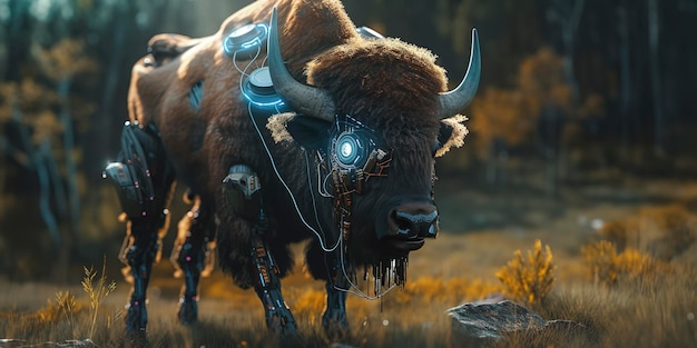 The perfect union of nature and tech cyborg bison in the wilderness Generative AI