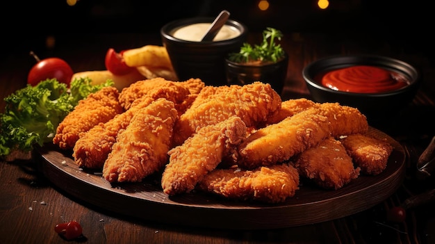 Photo perfect view close up crispy chicken tenders with blur and background cinematic