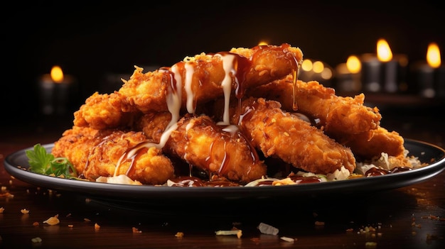 Photo perfect view close up crispy chicken tenders with blur and background cinematic