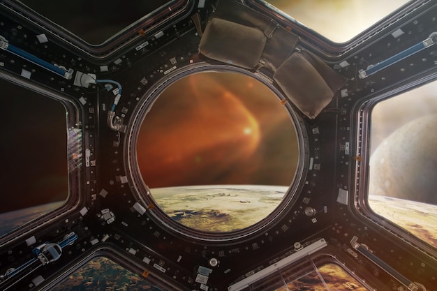 Perfect view from a porthole of spacecraft on the Earth planet