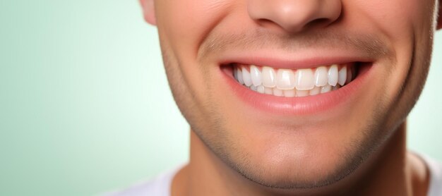 Foto perfetti denti bianchi sorriso di un giovane da vicino