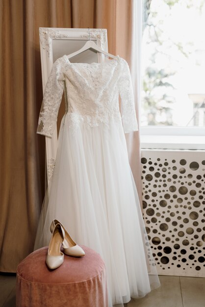 Perfect white wedding dress on the wedding day