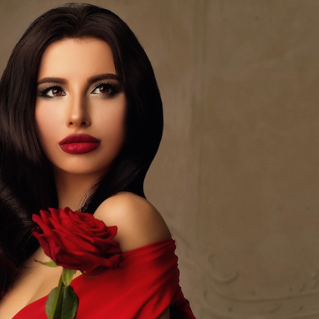 Perfect Woman with Red Rose Flower. Beautiful Model with Makeup and Hairstyle on Vintage Background with Copyspace