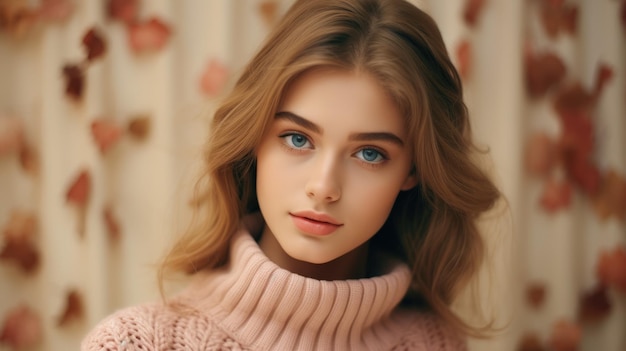 Perfect young woman with in warm winter knitted sweater. Fashion portrait. Autumn cozy AI photo