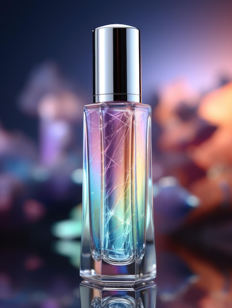 perfecte cosmetische glanzende holografische kleuren fles op de donkere natuurlijke achtergrond ai gegenereerd